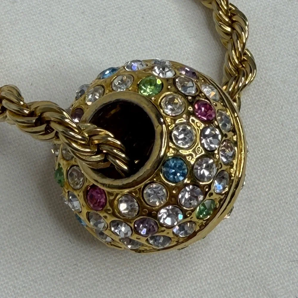 Gold Tone Rope Chain Multicolor Rhinestone Ball Slider Necklace Statement